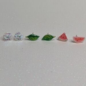 Bundle of 3 925 Sterling Silver Stud Earrings Floral Leaf And Watermelon